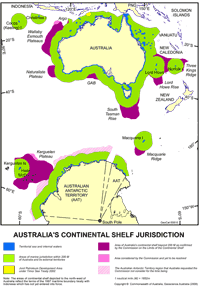 The outer area of Australia's continental shelf. The area beyond 200 nautical miles, as confirmed by the United Nations Commission on the Limits of the Continental Shelf, is shown in purple. 