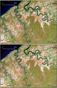 Fig 1. Comparative images from Landsat-5 and IRS-P6 with the Landsat image at the top and IRS-P6 below