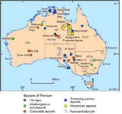 Fig 1. Location of Australia's thorium-bearing mineral deposits and occurrences excluding those related to heavy mineral sand deposits