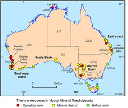 Fig 2. Location of Australia's mineral sand deposits including names of operating mines and selected historical mines