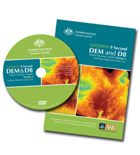 Image: Cover and DVD label for GEODATA 9 Second DEM and D8: Version 3 and Flow Direction Grid 2008.