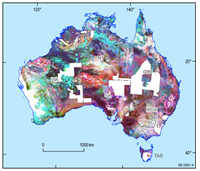 Fig 3.	Ternary image (potassium in red, uranium in blue and thorium in green) of Australia derived from the new levelled National Radioelement Database. 