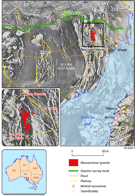 Fig 1.   Magnetic image of the northeastern Eyre Peninsula showing the trace of the recently acquired seismic line (bold green line), and the location on Mesoarchean granite (highlighted in red)  between the Iron Monarch and Iron Baron mines.