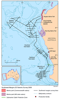 Fig 1.   Location of the 2D seismic reflection survey, offshore Western Australia. 