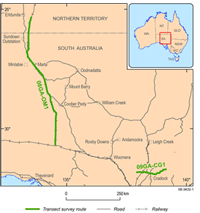 Fig 4.   Traverse line for Gawler-Officer-Musgrave-Amadeus seismic survey, South Australia and Northern Territory.  