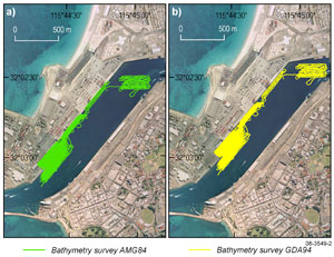 Figure 2. Data errors: datum issues in bathymetry (a) AMG84 and (b) GDA94. Image courtesy of Landgate. Bathymetry supplied by Department for Planning and Infrastructure, Western Australia. 