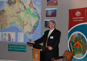 Figure 1. Geoscience Australia CEO Neil Williams launching the new seamless geology of Australia dataset at Geoscience Australia on 16 December 2008.