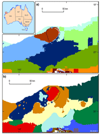 Figure 2. Comparison of seascapes from Glomar Shoals and surrounds from an analysis (a) excluding biological data and (b) including biological data. The black line outlines the Glomar Shoals.