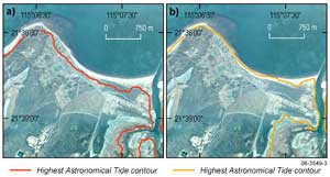 Figure 3. Data errors: accuracy in topography. Image shows highest astronomical tide contour for two data sets (a) 30 metre Digitial Terrain Elevation Data Level 2 and (b) Landgate 20 metre Orthophoto Digital Elevation Model. Image courtesy of Landgate. 