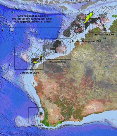 Map of Australia showing seismic lines in the 2008 offshore acreage release areas 