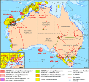 Fig 1. Location map for the 2009 Offshore Petroleum Acreage Release Areas.