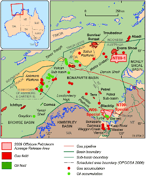 Fig 2. Structural elements map of the Bonaparte Basin showing location of the 2009 Release and Special Release Areas.