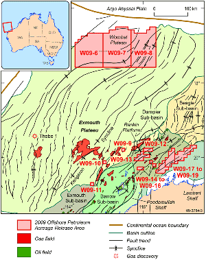 Fig 4. Structural elements of the Northern Carnarvon Basin showing the 2009 Release Areas (after Stagg et al 2004).
