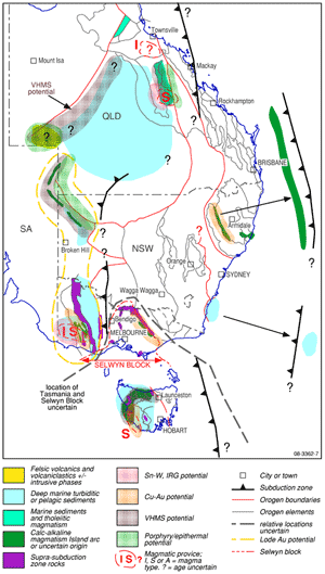 Fig 2b. Simplified mineral potential map of eastern Australia for the Delamerian cycle based on the interpreted geodynamic regime (figure 2a), the distribution of known mineral deposits, and the relationship between geodynamic setting and mineral deposits.
