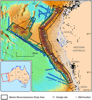Fig 3. Swath bathymetry collected during the Southwest Margin marine reconnaissance survey onboard RV Sonne showing dredge sample locations.
