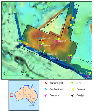 Fig 1. New swath bathymetry acquired during the Southwest Margin marine reconnaissance survey on the Wallaby Plateau overlain on satellite-derived bathymetric image. The station locations and type of sampling done at them during the survey are also shown.