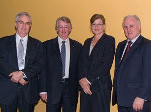 Fig 1. Left to right: Ben Searle, General Manager, Office of Spatial Data Management; Dr Neil Williams PSM, CEO Geoscience Australia; Senator Kate Lundy, Senator for the ACT; and Warwick Watkins, Chair ANZLIC and Director-General, Department of Lands, New South Wales, following the opening of the conference by Senator Lundy.