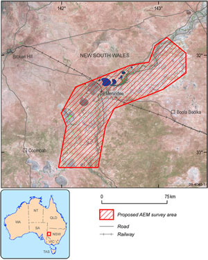 Fig 1. The survey area for mapping of groundwater resources and groundwater quality, Menindee Lakes, western New South Wales.