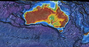 Fig 1. False-colour image showing a 3D view of the Australian Bathymetry and Topography Grid, June 2009.