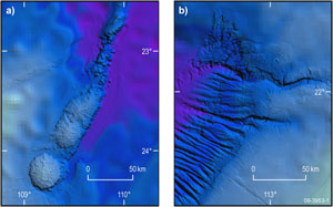 Fig 2. False-colour bathymetry images showing (a) underwater volcanic mountains and (b) submarine canyons off Western Australia discovered during the Southwest Margin Marine Reconnaissance Survey, October 2008 to January 2009.