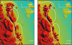 Fig 3. False-colour images showing the reduction to the interpolation artefacts between the continental shelf and land areas using the improved interpolation process. Comparison of the 2005 version of the grid (a) and the 2009 version (b) with variations highlighted by circled areas.