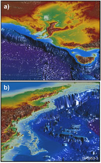 Fig 4. False-colour images showing 3D views of (a) Tasmania and Spencer Gulf and (b) a section of Queensland and the Great Barrier Reef.
