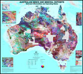Thumbnail image for Australian Mines and Mineral Deposits. Selected Commodities and Operating Status. Radiometric Map of the Australian Region base