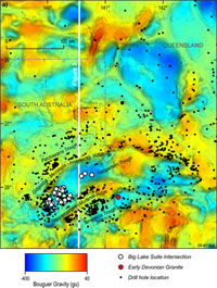 Fig 2a.	Gravity image showing drill-hole locations (Big Lake Suite intersections in white; early Devonian granite in red). The major structural elements of the Cooper Basin and the location of the north-south section in figure 4 (white ) are also shown. 