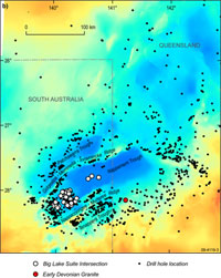 Figure 2b. Z-horizon image compiled from existing open file seismic sections, industry interpretations and 1300 well intersections (PIRSA 2008). This surface represents the base of the stacked Cooper and Eromanga basins. The Z-horizon ranges from 815 to 4496 metres below the topography. 