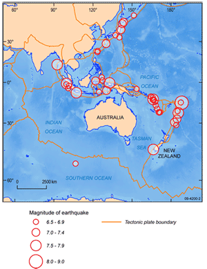  Epicentres of large earthquakes close to Australia's tectonic plate boundaries that have occurred since December 2004. 
