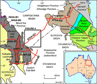 Figure 1. Map of North Queensland showing geological provinces, basins and seismic traverses that form the 2007 Isa-Georgetown-Charters Towers seismic survey. The map also shows the locations of previous seismic surveys acquired in 1994 and 2006. 