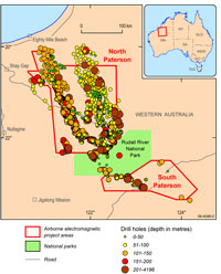 Figure 1. Location and depth of drillholes included in the recently-released database shown with the survey boundaries of the Paterson AEM survey data. Inset map shows the location of the Paterson AEM region in northwest Western Australia.
