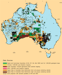 Figure 3. Distribution of regolith carbonate in Australia, shown mostly as brown shades (Chen et al 2002). 