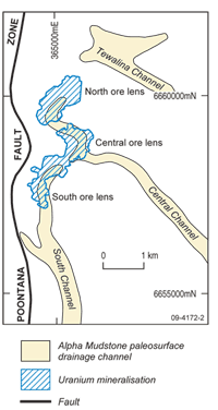 Figure 3. Map of the Beverley uranium deposit (mineralisation outlined) and inferred paleochannels within the Namba Formation. Uranium mineralisation is located in the Beverley Sands unit (modified after Heathgate Resources 1998).