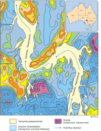 Figure 2. Bends in the main Yarramba Paleochannel and location of mineralisation at the Honeymoon and east Kalkaroo deposits. Paleochannel plotted over gravity high (0.5 mgal residual gravity contour). Modified after Skidmore (2005).