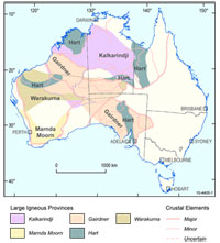 Fig 1: Collectively, the five major Proterozoic Large Igneous Provinces encompass more than half of the Australian continent. Their distributions are related to the Major Crustal Elements and reflect primary lithospheric structures. 