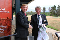 Dr Neil Williams, CEO of Geoscience Australia, with The Hon. Martin Ferguson, AM MP, Minister for Resources and Energy and Minister for Tourism, following the launch of the Geological TimeWalk at the Geoscience Australia building on 24 November 2009.