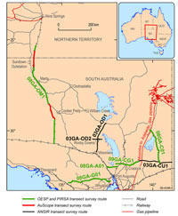 Figure 4. Location map of northern South Australia showing the seismic traverses acquired under the OESP and AuScope programs as well as pre-existing seismic traverses.