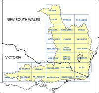 Outcrop/subcrop distribution of the Lachlan Fold Belt in New South Wales and Victoria, and 1:250 000 map sheet areas (North Qld) and 2 (Southern Qld)