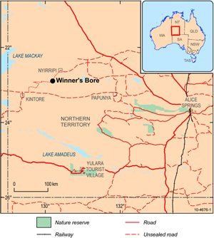 Fig 1. Location of Winner's Bore, and the route of the Kintore to Nyirripi back-road. The areas marked in green define national parks.