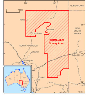 Figure 1. The survey area over the Frome Embayment and northern Murray Basin in South Australia. 