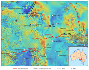 Figure 1. Location of new and existing seismic transects in the southern Gawler Craton and Curnamona Province, South Australia, on a total magnetic intensity image.