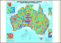 Thumbnail image for Australian Mines and Mineral Deposits - Selected commodities, deposits and mines. Gravity Map of Australia base, 1:5 million August 2010