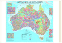 Thumbnail image for Australian Mines and Mineral Deposits - Selected commodities, deposits and mines.  Magnetic Map of Australia base, 1:5 million August 2010
