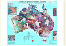 Thumbnail image for Australian Mines and Mineral Deposits - Selected commodities, deposits and mines. Radiometric map of Australia base, 1:5 million August 2010