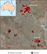 Fig 1.	View of Kalgoorlie showing the epicentre of the 20 April 2010 earthquake and the location of the buildings surveyed between 18 and 22 May 2010. The 'Super Pit' open cut mine workings which are over 500 metres deep are visible to the right of the aerial view. 