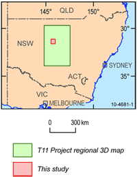 Fig 1.   Location map of the study area used for alteration mapping and the study area for the pmd*CRC Cobar Project T11 in the Lachlan Subprovince and Cobar Basin.