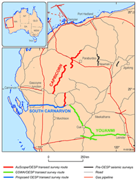 Fig 3. Location map for the planned South Carnarvon Basin seismic survey in Western Australia (in blue). The Capricorn Seismic Line (in red) and the Youanmi Seismic Line (in green) were acquired in 2010.