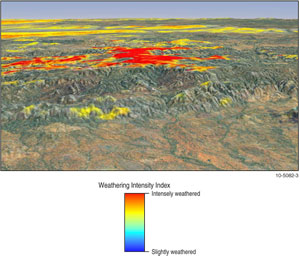 Fig 2. Weathering intensity model from a 3D landscape perspective, showing highly weathered Proterozoic granites and Jurassic sandstones over the southern half of the Mt Isa Inlier. Only moderately to highly weathered bedrock is shown.
