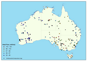 Fig 1. Distribution of publicly available heat flow data which is shown as coloured circles while those holes for which Geoscience Australia has released heat flow data are shown as coloured stars. The new holes logged by Geoscience Australia awaiting heat flow determinations are shown as black stars.